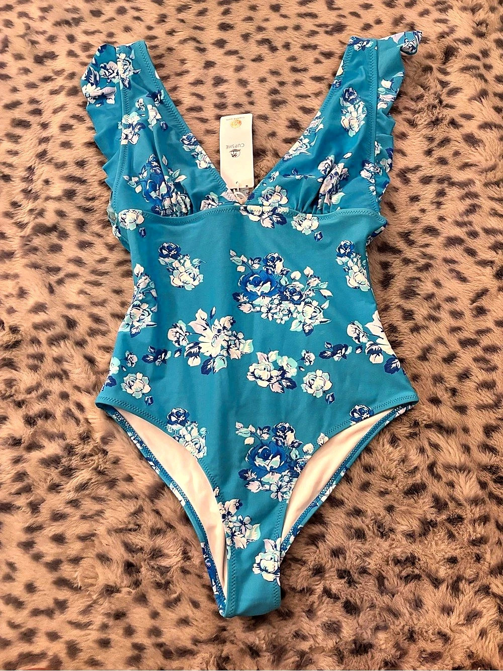 CUPSHE Floral One-Piece Swimsuit Blue & White Medium NWT